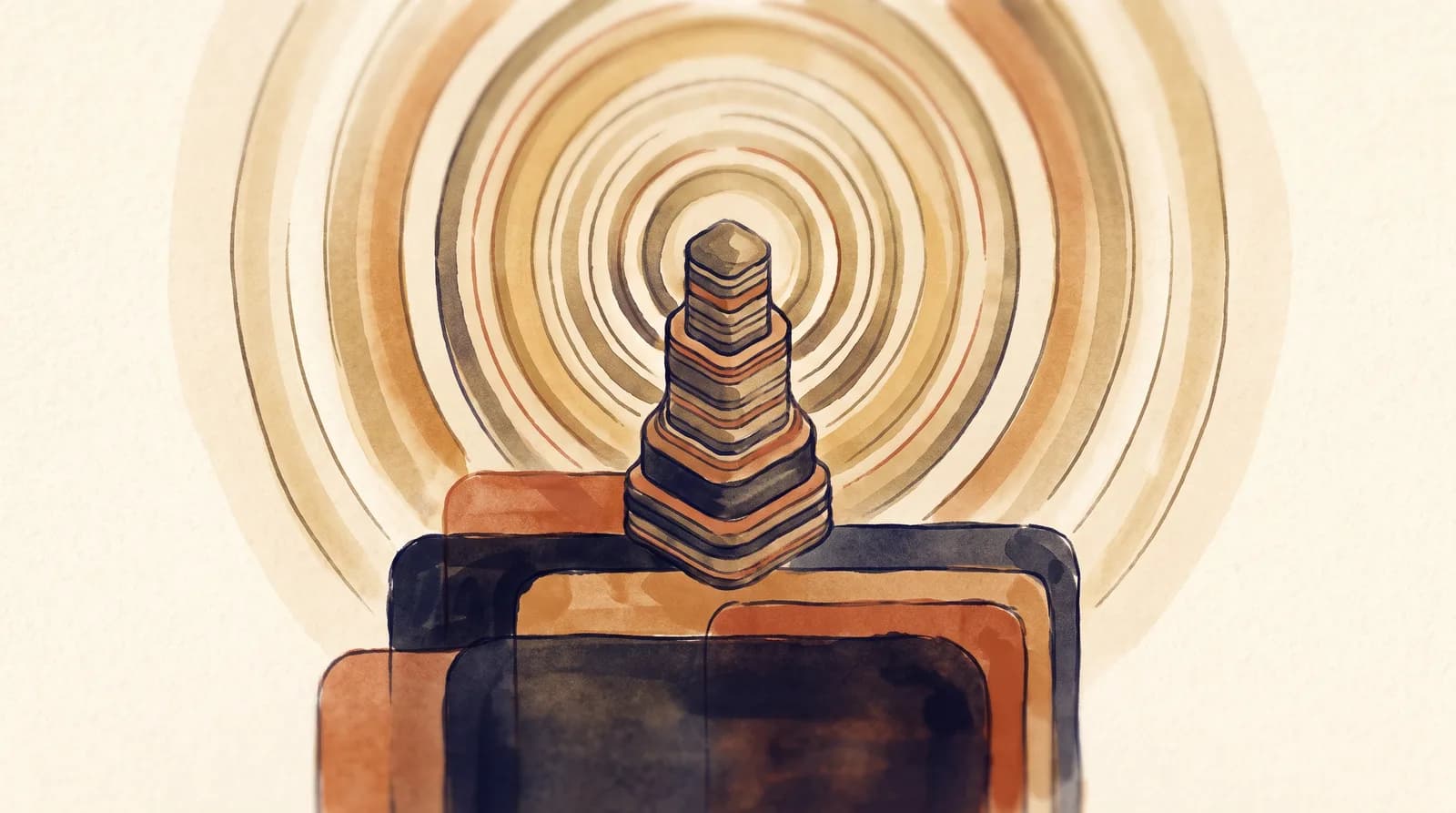 Concentric rings and a rising stacked form, suggesting income compounding.